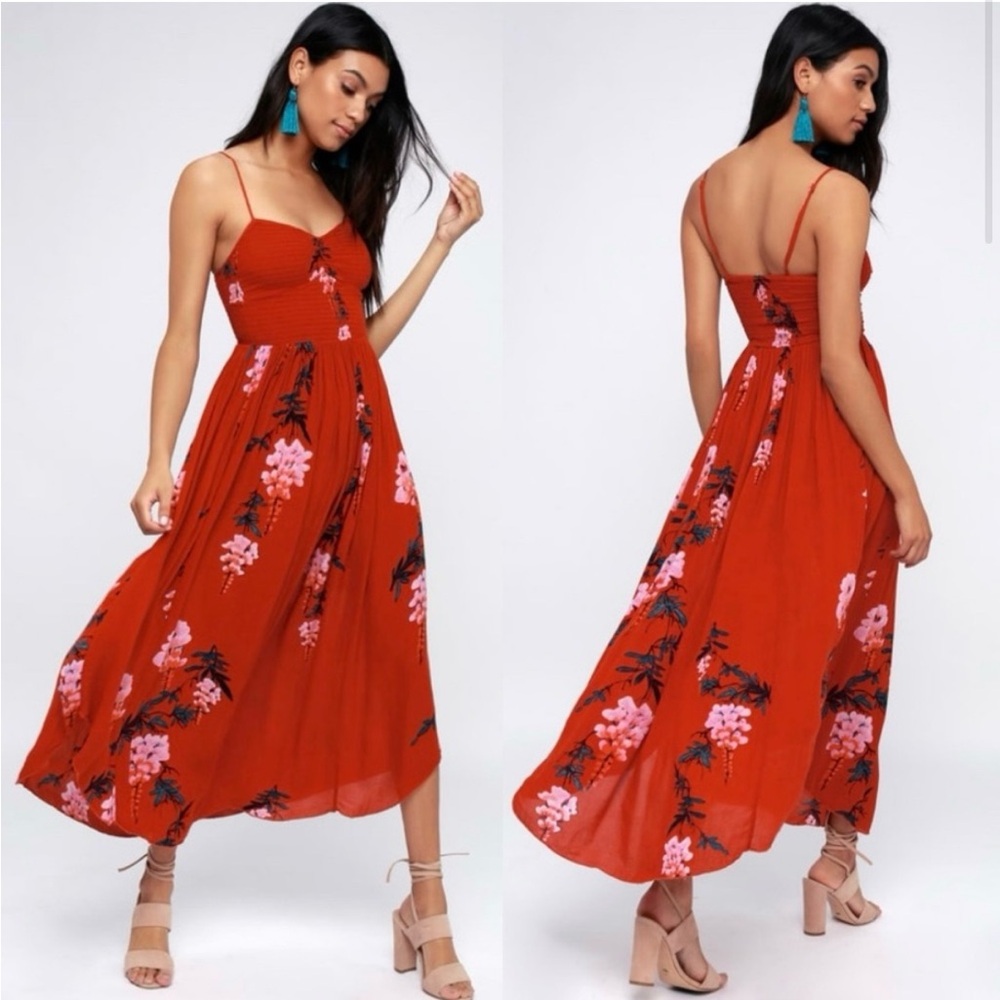 Free People Beau Red Floral Print Smocked Maxi Dress